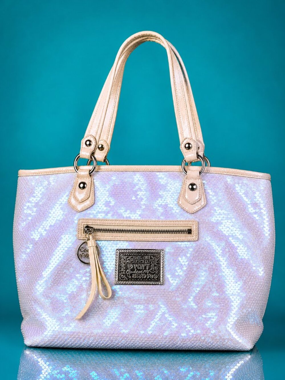 COACH Poppy Sequin Signature Rocker Satchel Bag with Original Metal Keychains